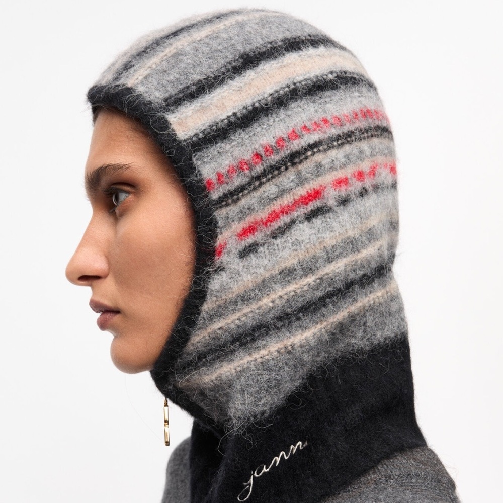 Ganni Gray & Black Stripe Knit Balaclava with Red Accents
